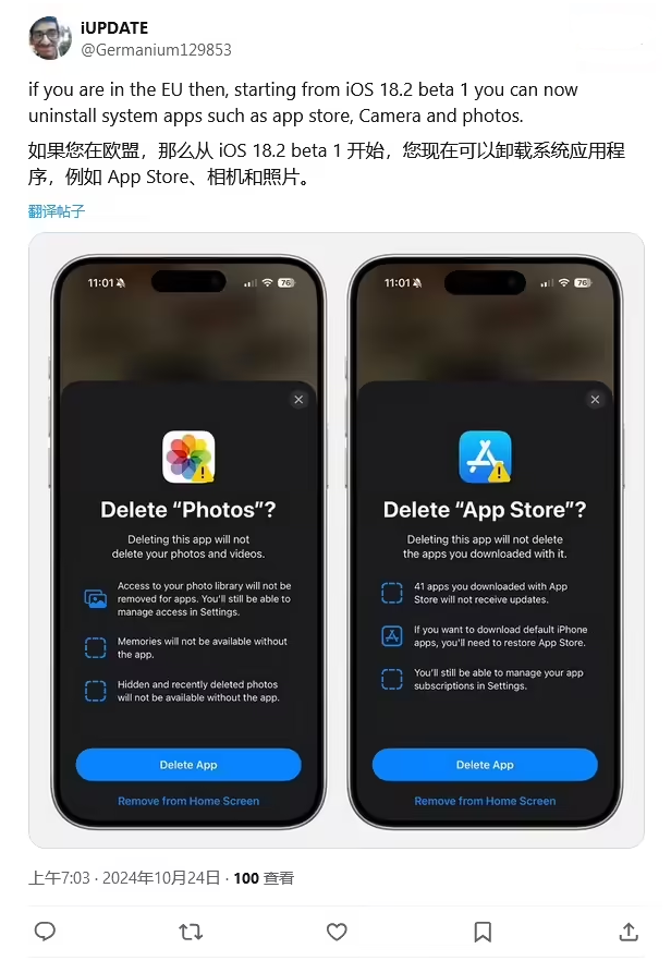 澄迈苹果手机维修分享iOS 18.2 支持删除 App Store 应用商店 