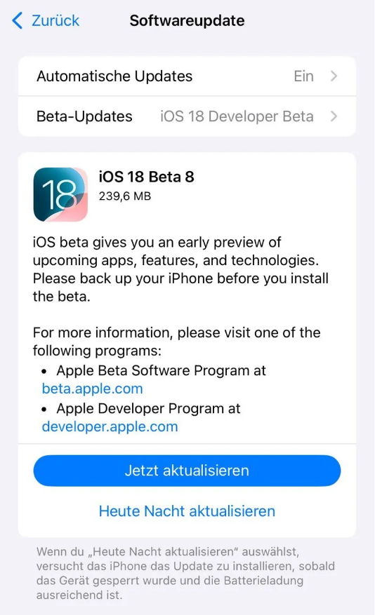 澄迈苹果手机维修分享苹果 iOS / iPadOS 18 开发者预览版 Beta 8 发布 